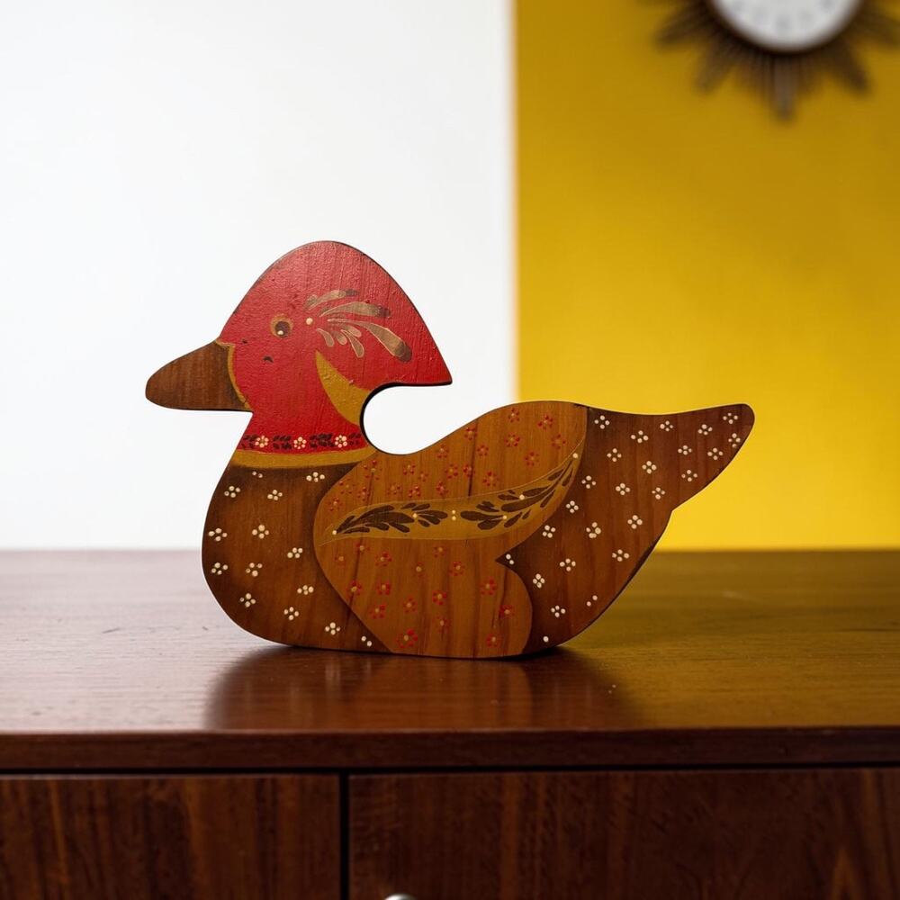 Vintage Wood Hand Painted Duck Folk Art Cabin Cottage Core